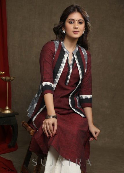 Exclusive Wine Pure Cotton Kurta - Multi Colour Ikat Jacket Optional