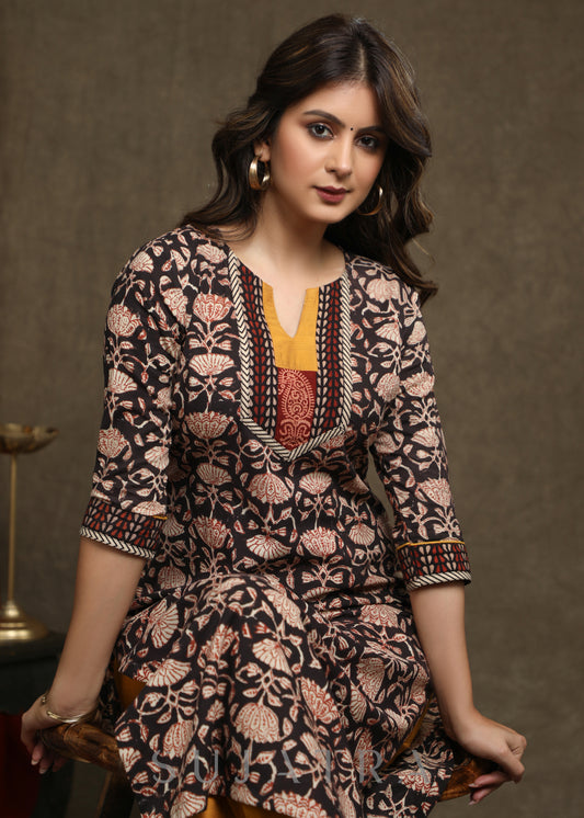 Dussehra Sale — Exclusive Black Floral Printed Kurta With Mustard Combination Yoke - Pant Optional