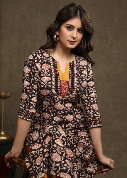 Exclusive Black Floral Printed Kurta With Mustard Combination Yoke - Pant Optionbal