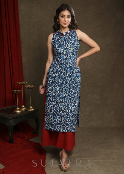 Dussehra Sale — Exclusive Indigo Halter Neck Kurta - Palazzo Optional
