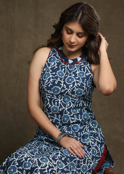 Dussehra Sale — Exclusive Indigo Halter Neck Kurta - Palazzo Optional