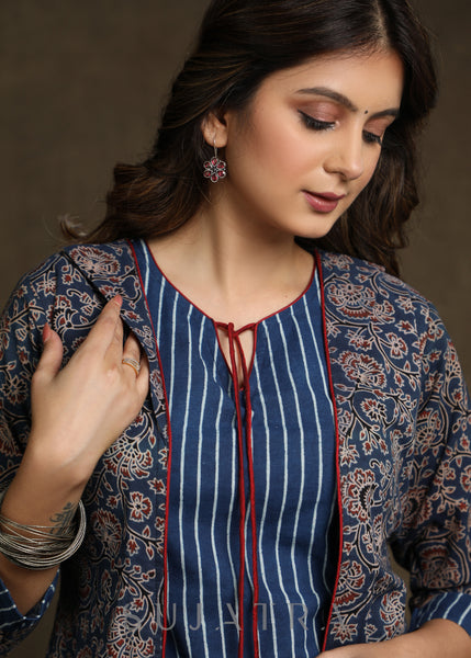 Smart Indigo Striped Kurta Combined With Ajrakh A-Line Shrug - Palazzo Optional