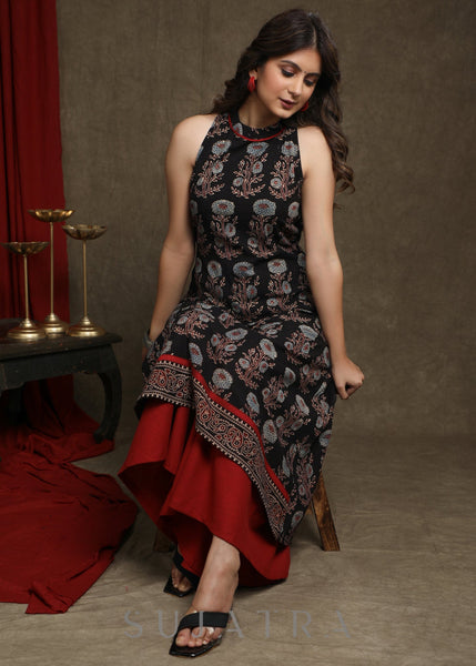 Stylish Black Cotton Floral Ajrakh Halter Neck A-Line Kurta