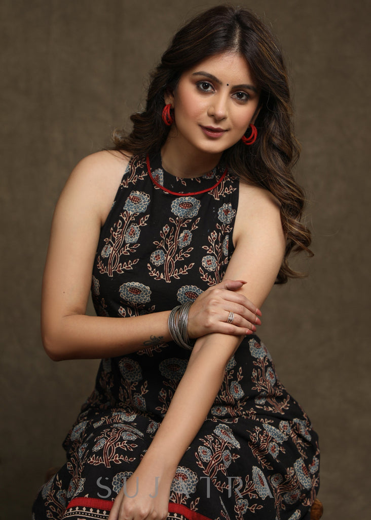 Stylish Black Cotton Floral Ajrakh Halter Neck A-Line Kurta  - Flared Palazzo Optional