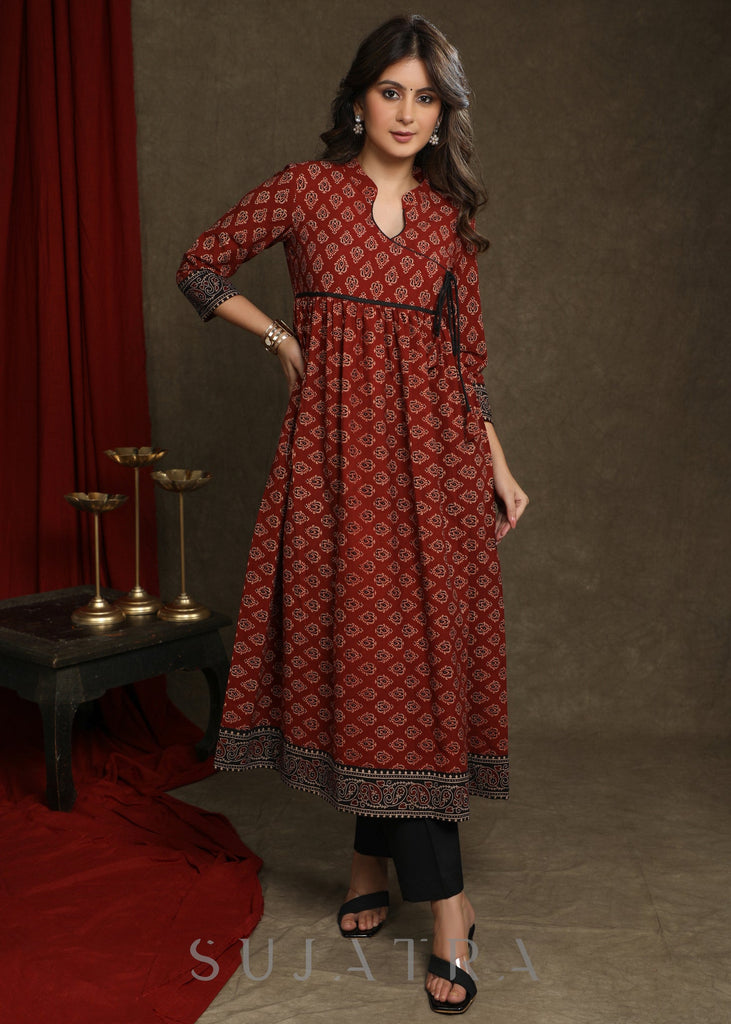 Elegant Maroon Ajrakh Combination A-Line Gathered Kurta - Pant Optional