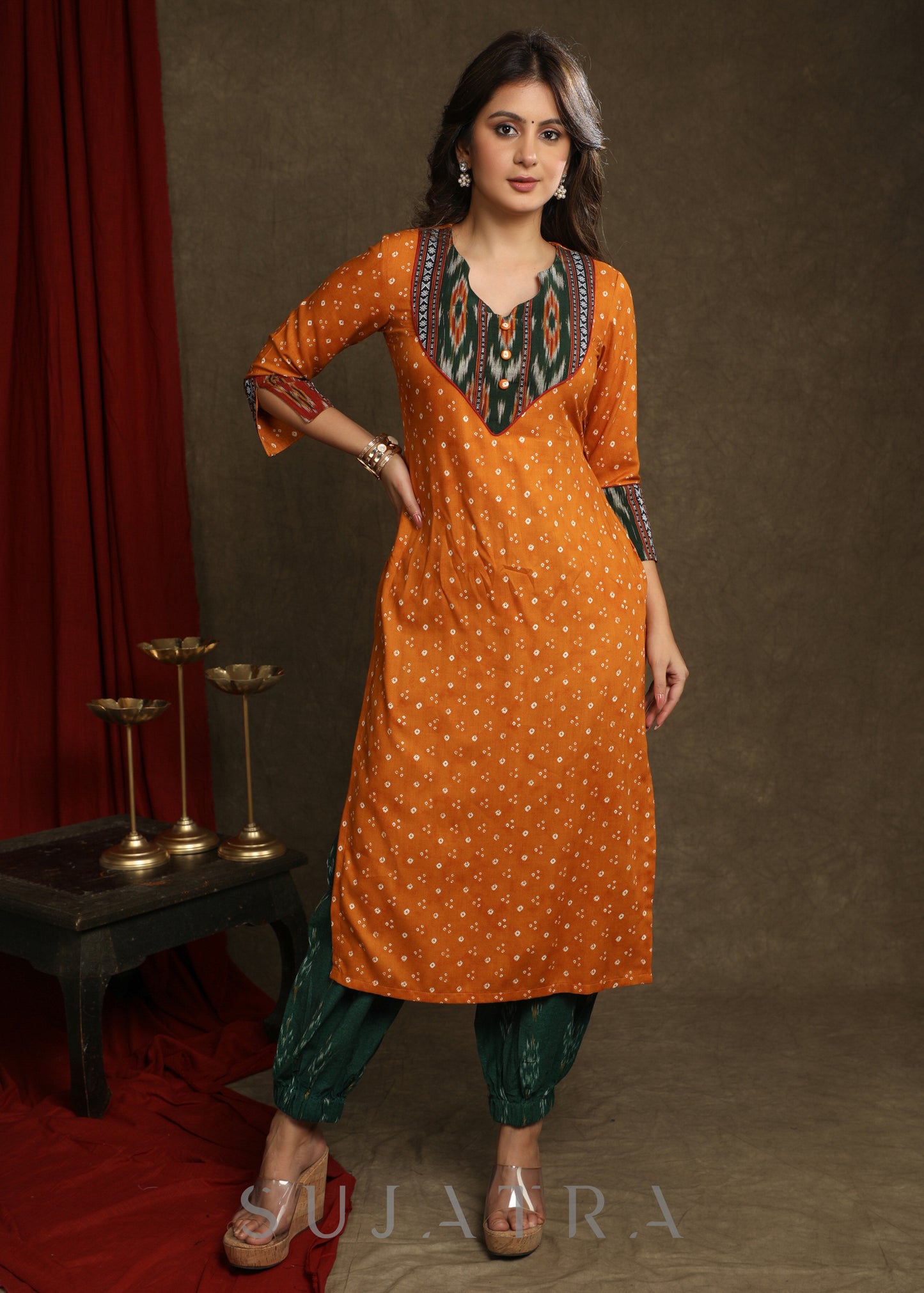 Beautiful Mustard Rayon Bandhani With Ikat Combination Kurta - Pant optional