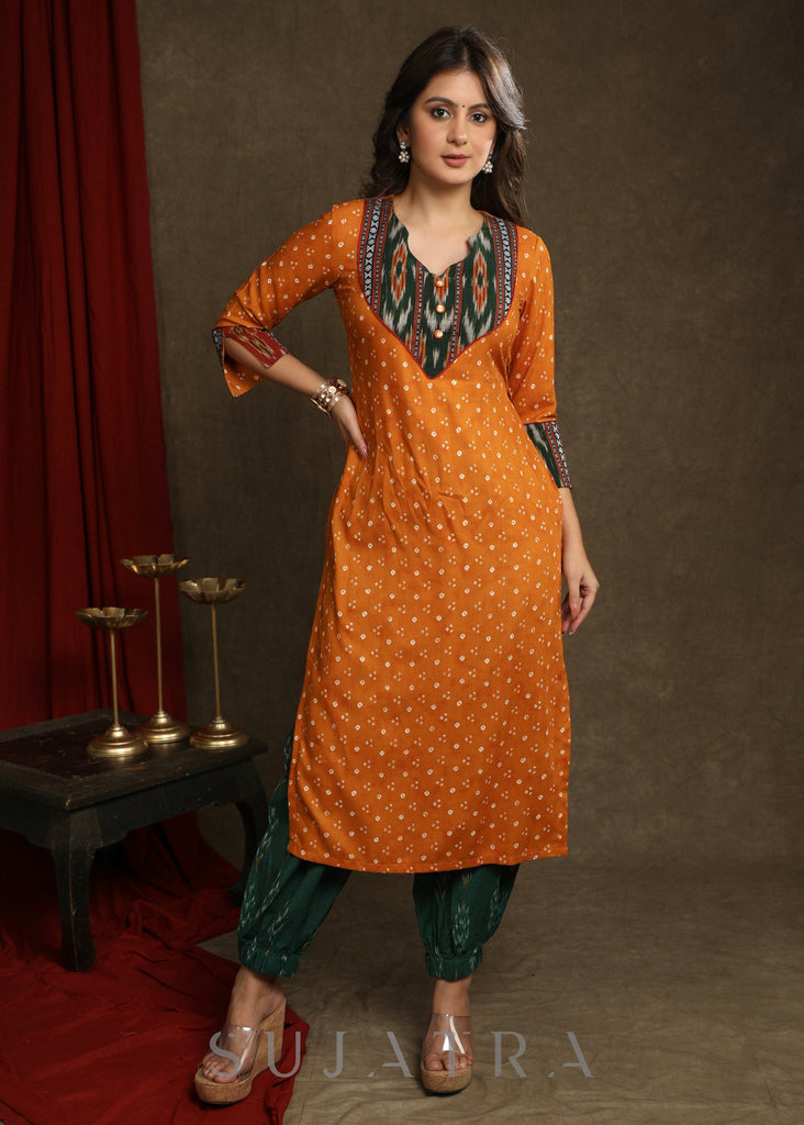 Beautiful Mustard Rayon Bandhani With Ikat Combination Kurta - Pant optional