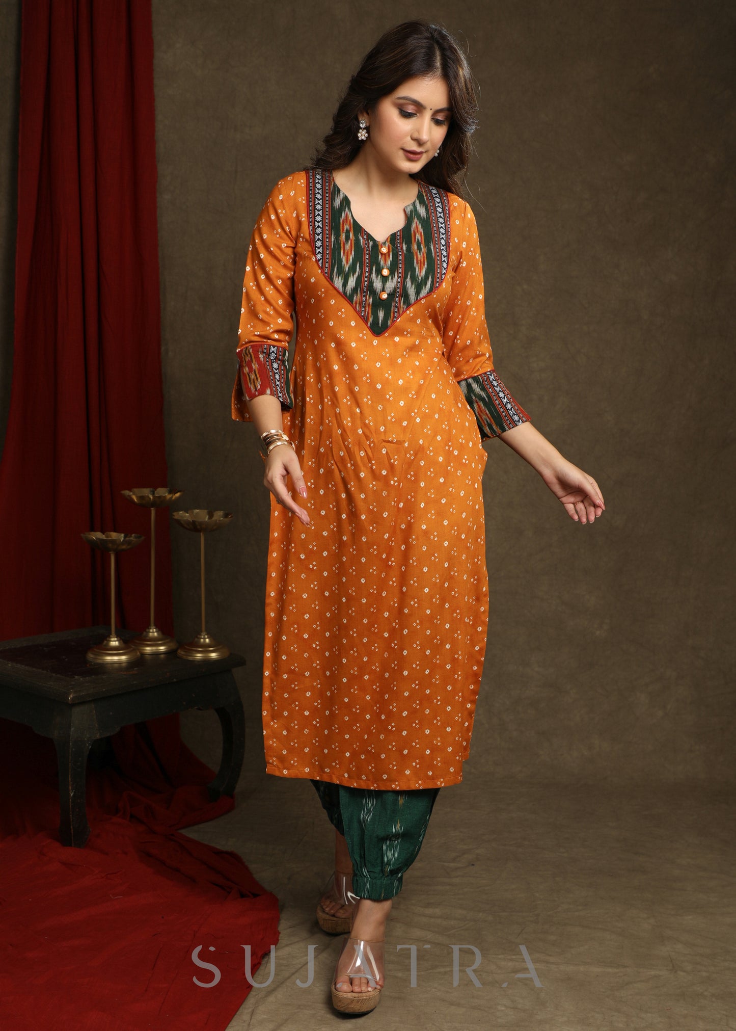Beautiful Mustard Rayon Bandhani With Ikat Combination Kurta - Pant optional