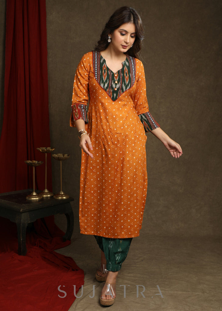 Beautiful Mustard Rayon Bandhani With Ikat Combination Kurta - Pant optional