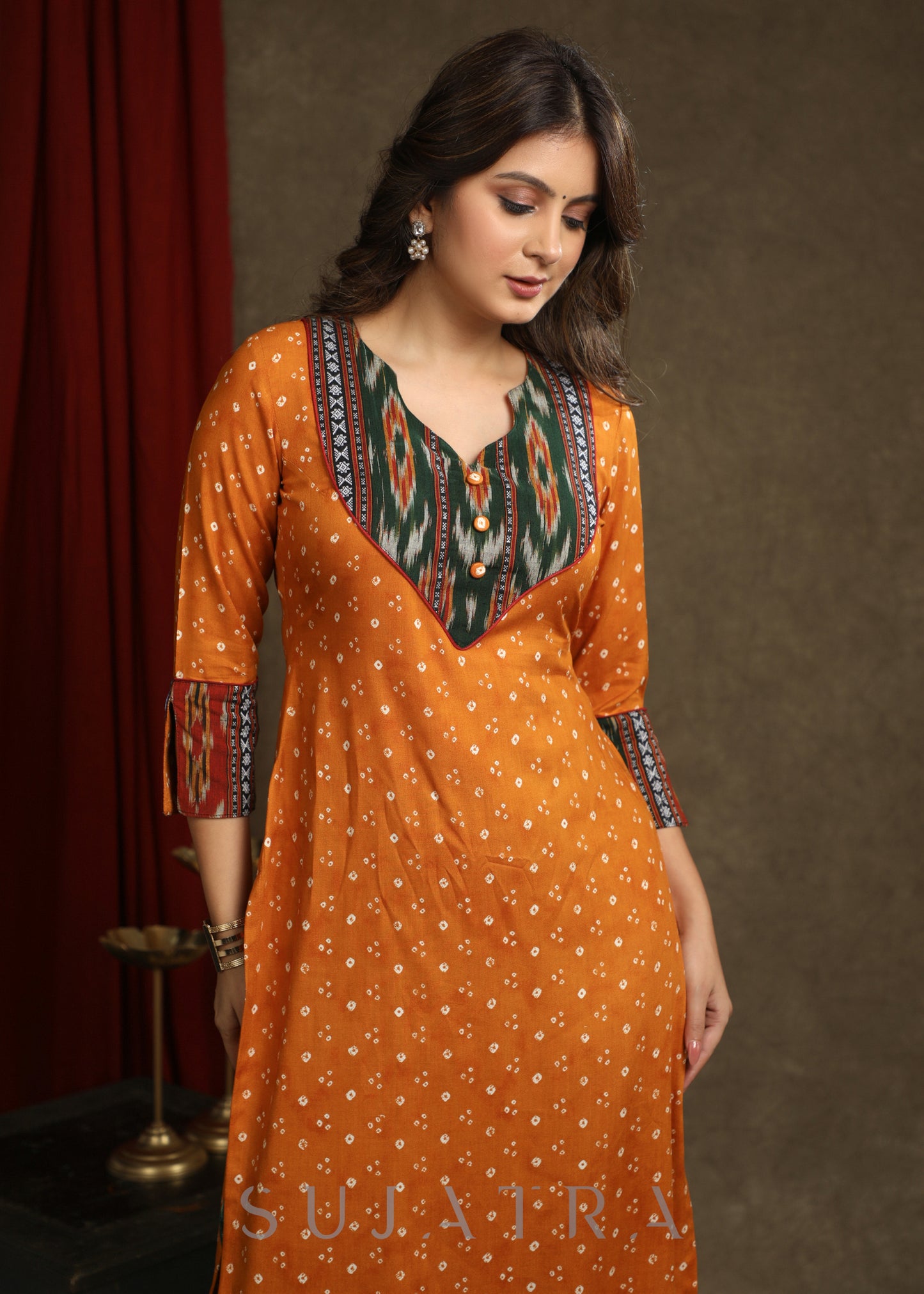 Beautiful Mustard Rayon Bandhani With Ikat Combination Kurta - Pant optional