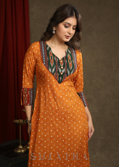 Beautiful Mustard Rayon Bandhani With Ikat Combination Kurta - Pant optional
