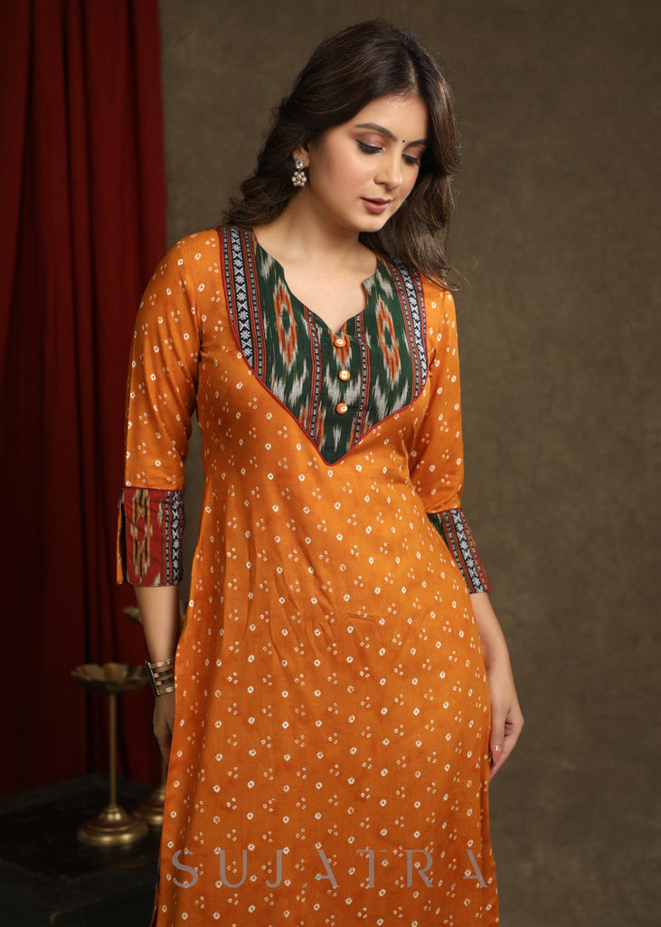 Beautiful Mustard Rayon Bandhani With Ikat Combination Kurta - Pant optional