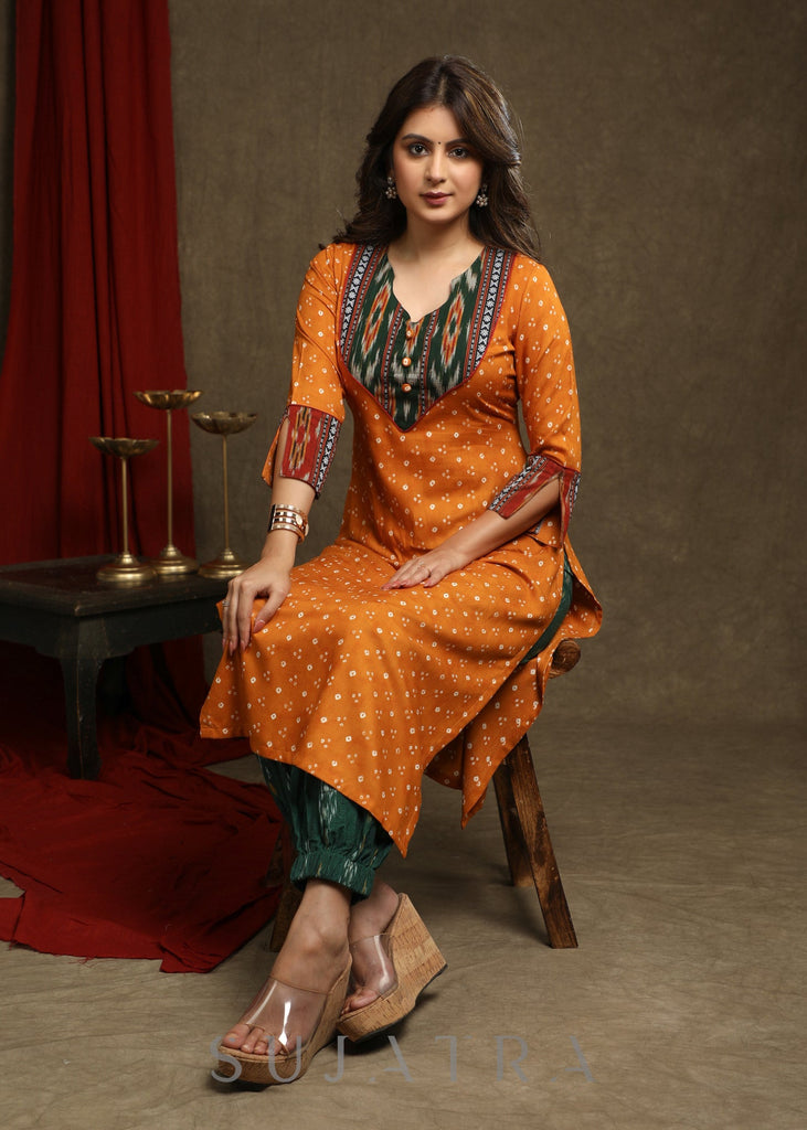 Beautiful Mustard Rayon Bandhani With Ikat Combination Kurta - Pant optional