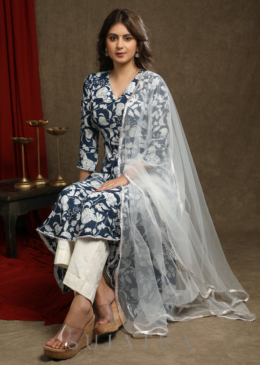Exquisite Navy Blue Floral Printed A-Line Flared Kurta Highlighted With Beautiful Lace - Pant Optional