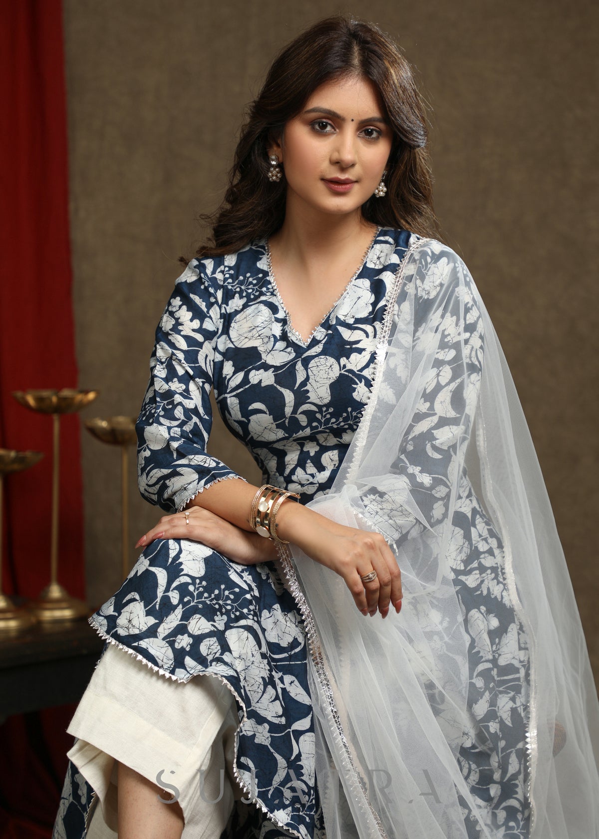 Dussehra Sale — Exquisite Navy Blue Floral Printed A-Line Flared Kurta Highlighted With Beautiful Lace - Pant Optional