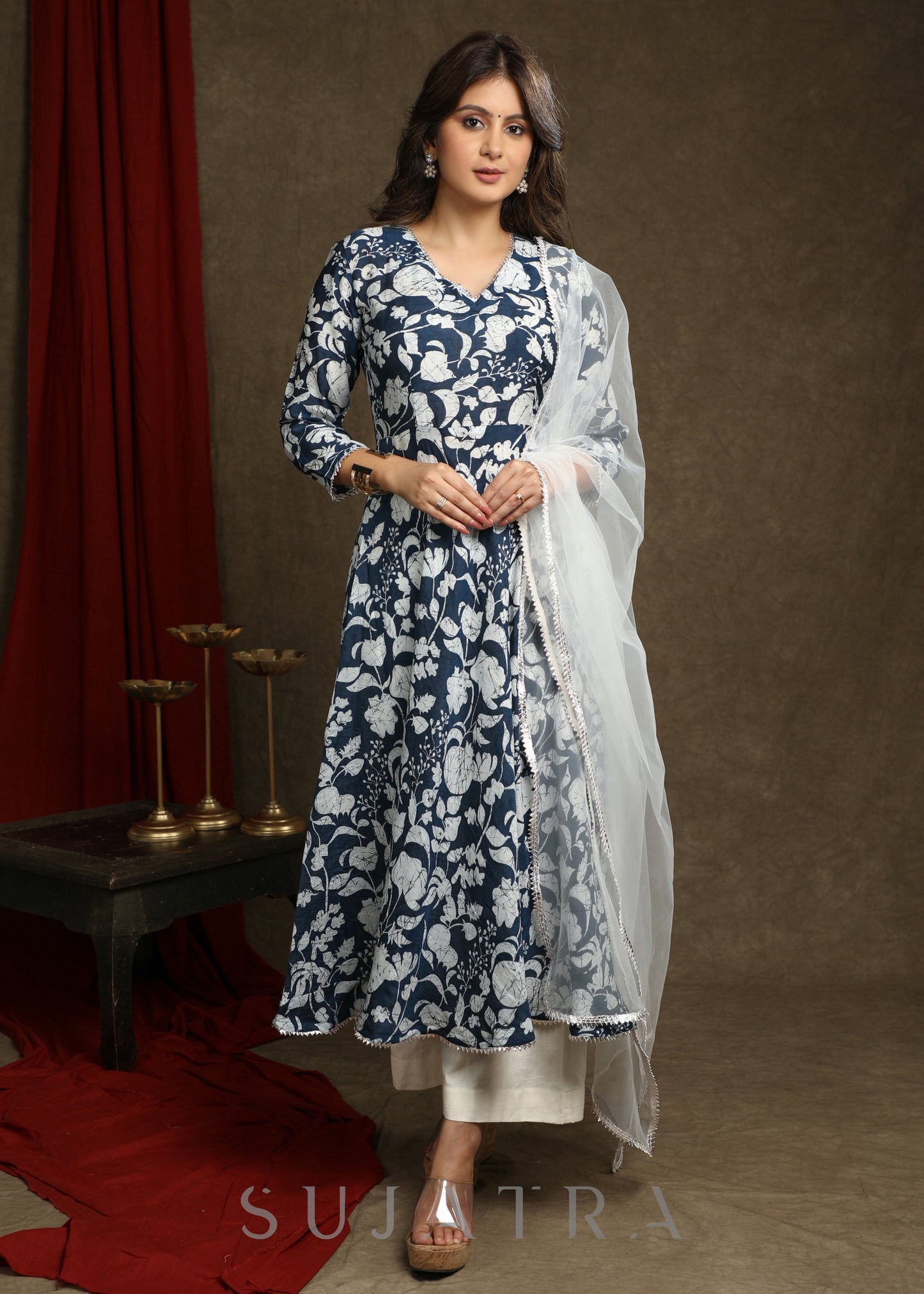 Exquisite Navy Blue Floral Printed A-Line Flared Kurta Highlighted With Beautiful Lace - Pant Optional