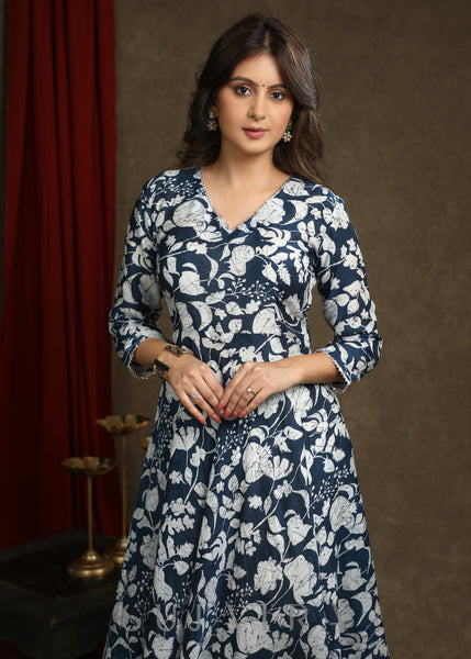 Exquisite Navy Blue Floral Printed A-Line Flared Kurta Highlighted With Beautiful Lace - Pant Optional