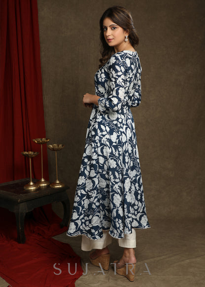 Exquisite Navy Blue Floral Printed A-Line Flared Kurta Highlighted With Beautiful Lace - Pant Optional