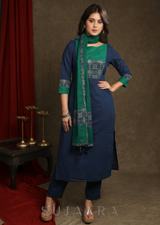 Exquisite Navy Blue Cotton Ajrakh combination Straight Cut Kurta