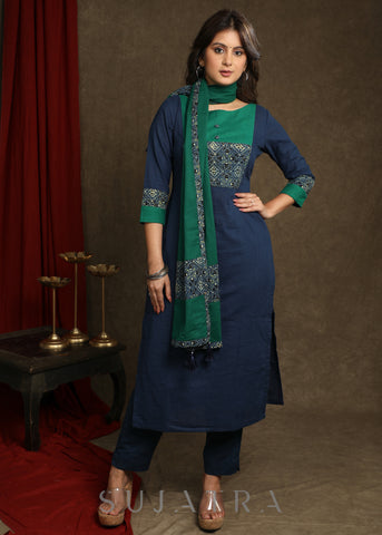 Exquisite Navy Blue Cotton  Ajrakh combination Straight Cut Kurta Paired With Ajrakh Stole - Pant Optional