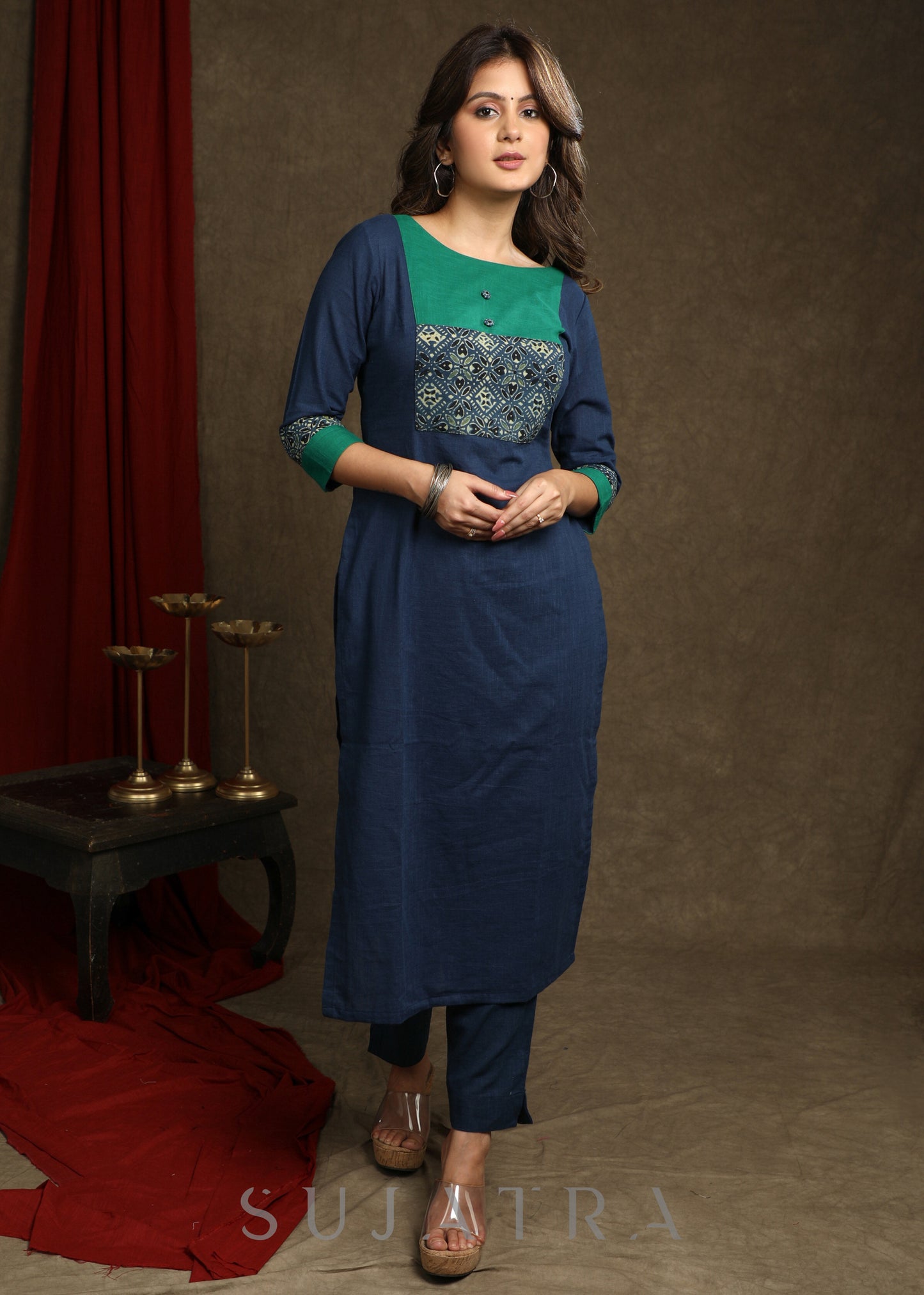 Exquisite Navy Blue Cotton Ajrakh combination Straight Cut Kurta