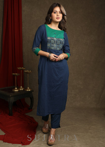 Exquisite Navy Blue Cotton Ajrakh combination Straight Cut Kurta