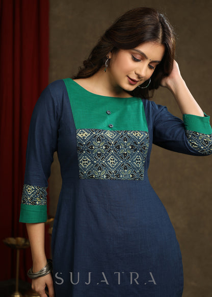 Exquisite Navy Blue Cotton Ajrakh combination Straight Cut Kurta