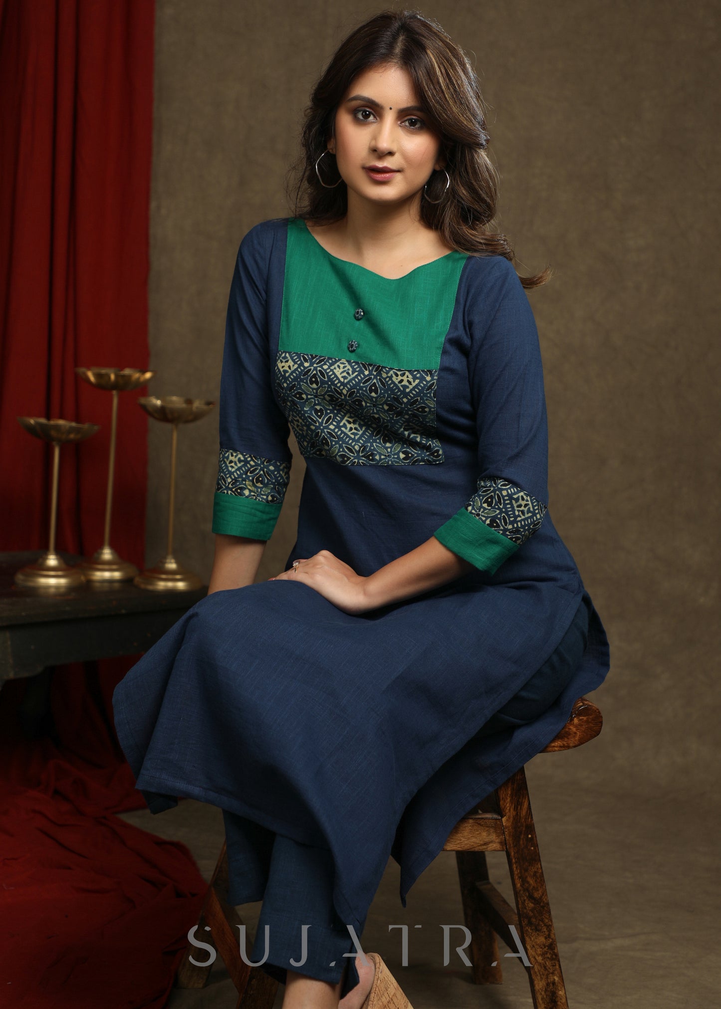 Exquisite Navy Blue Cotton Ajrakh combination Straight Cut Kurta