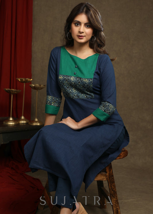 Exquisite Navy Blue Cotton Ajrakh combination Straight Cut Kurta