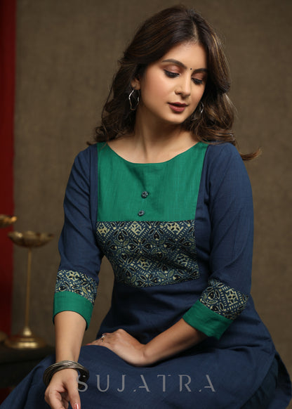 Exquisite Navy Blue Cotton Ajrakh combination Straight Cut Kurta