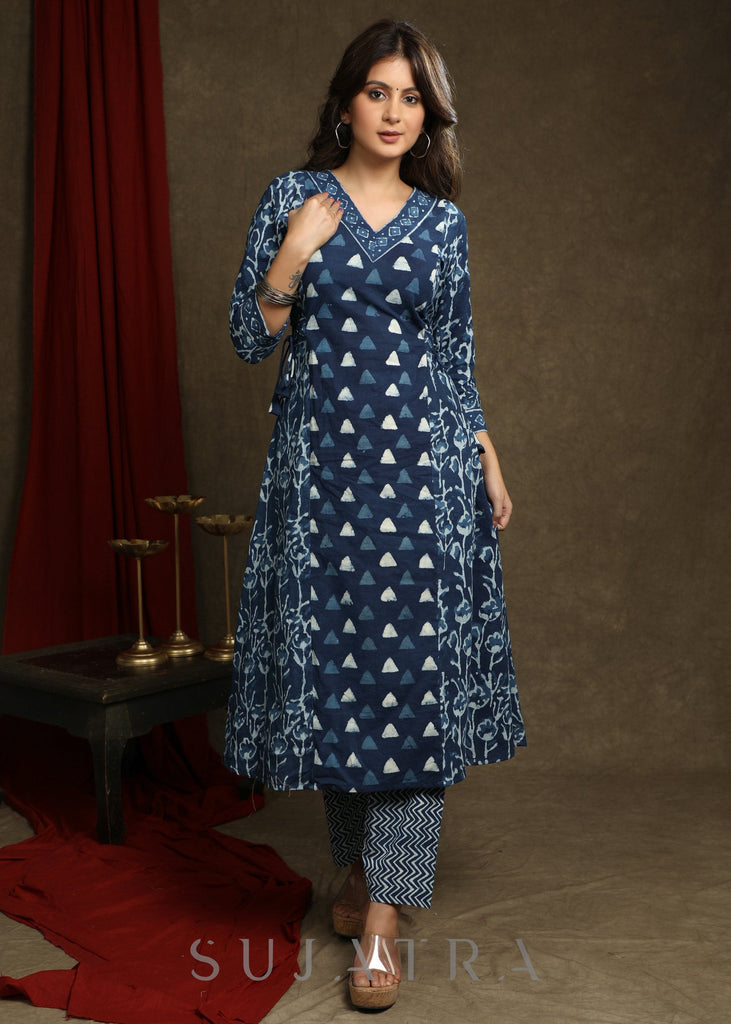 Elegant Indigo Combination A-Line Kurta - Pant optional