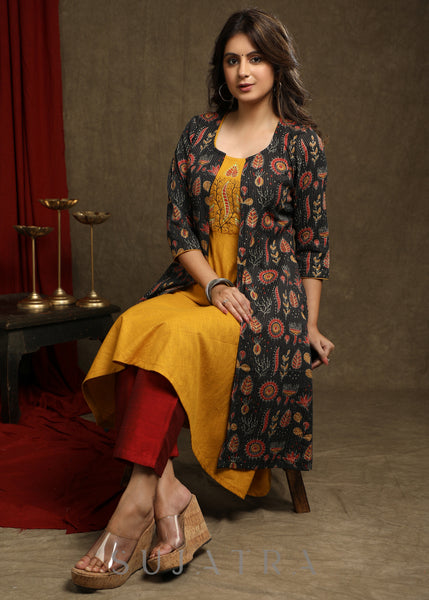 Beautiful Multicolour Kantha Shrug - Hand Painted Mustard Kurta Optional