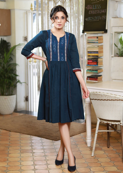 Classy Navy Blue Cotton Dress with Ikat Yoke