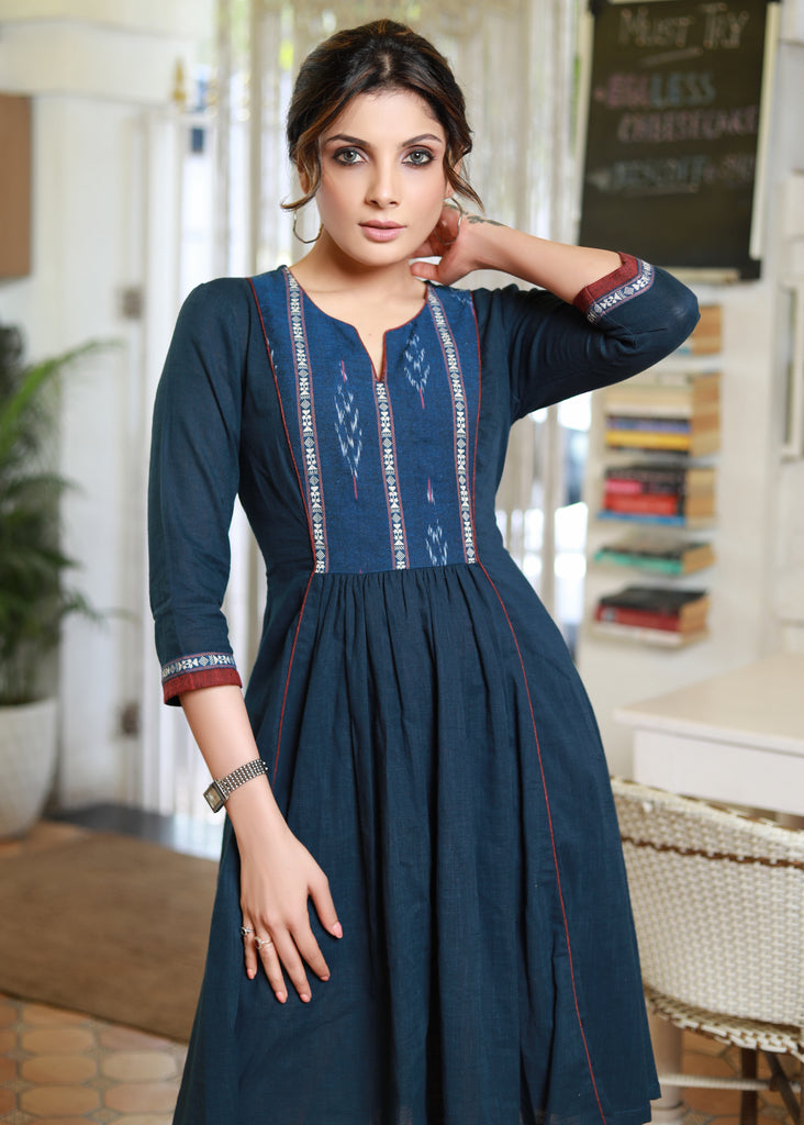 Classy Navy Blue Cotton Dress with Ikat Yoke