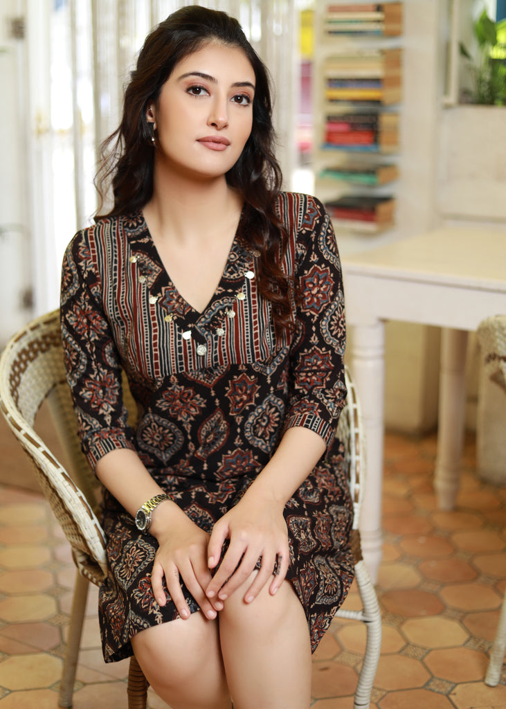 Exclusive Black Cotton Mughal Print Ajrakh A-Line Dress Highlighted with Coins on Neckline