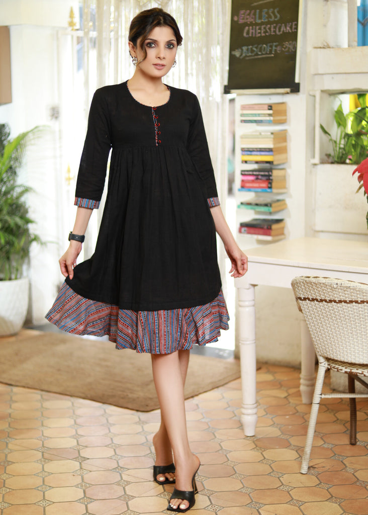 Beautiful Black Cotton Dress with Striped Hemline