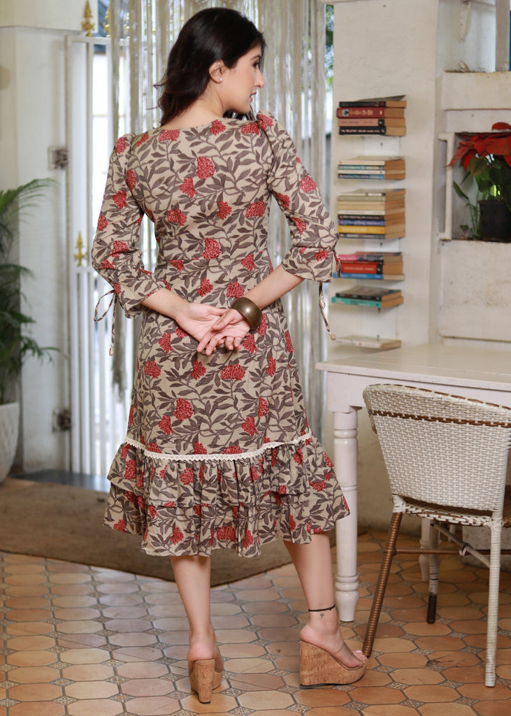 Stylish Cotton Printed A-Line Dress Highlighted with Double Frill on the Hemline and Sleeves