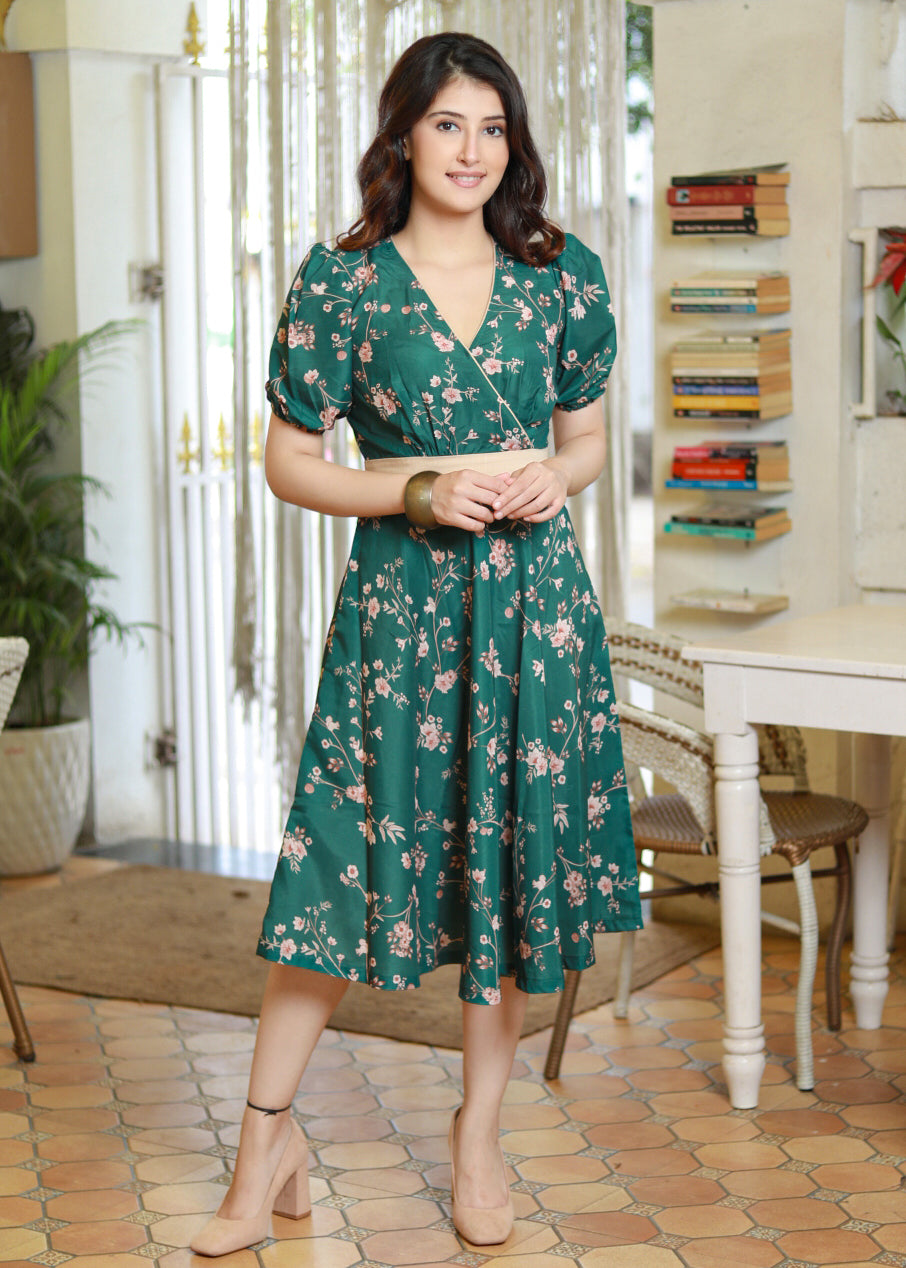 Classy Forest Green Floral Satin A-Line Gathered Crossover Dress