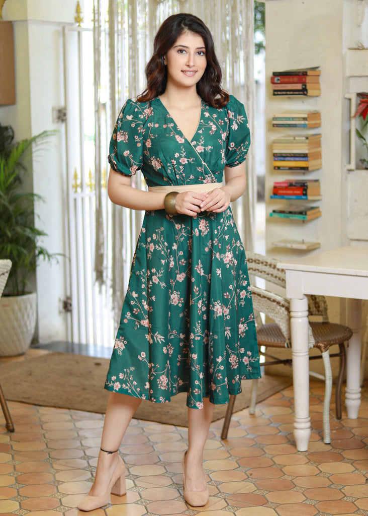 Classy Forest Green Floral Satin A-Line Gathered Crossover Dress