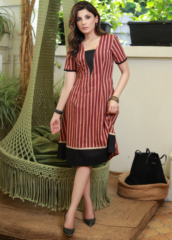 Trendy Maroon Striped Dress with V-Neck Detailing