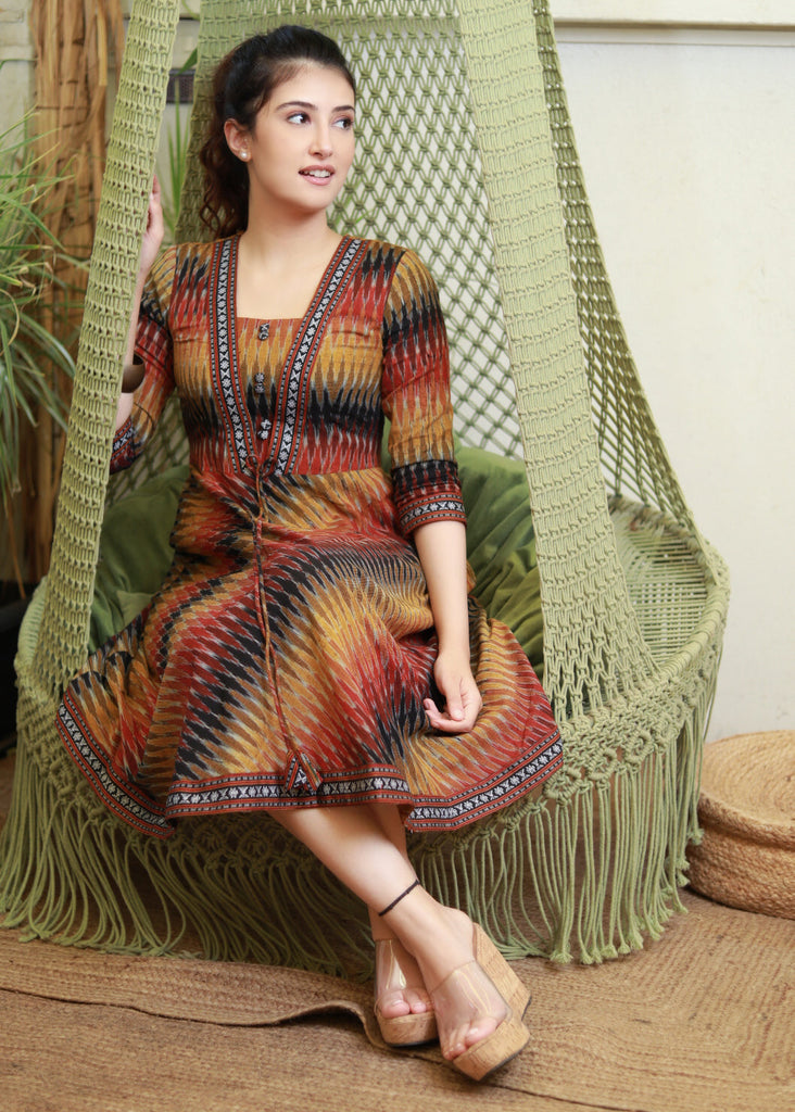 Exclusive Multicolour Cotton Ikat Dress Highlighted with Matching Ikat Border