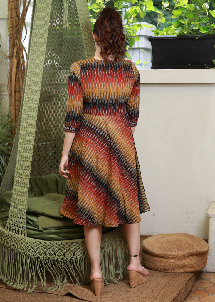 Exclusive Multicolour Cotton Ikat Dress Highlighted with Matching Ikat Border