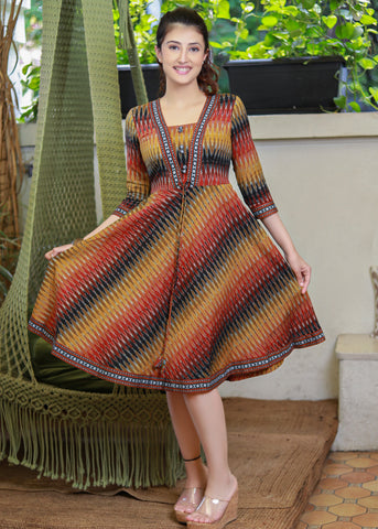 Exclusive Multicolour Cotton Ikat Dress Highlighted with Matching Ikat Border