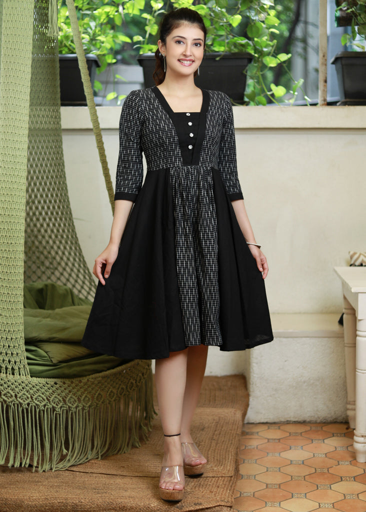 Subtle Black Ikat A-Line Dress with Side Plain Panels