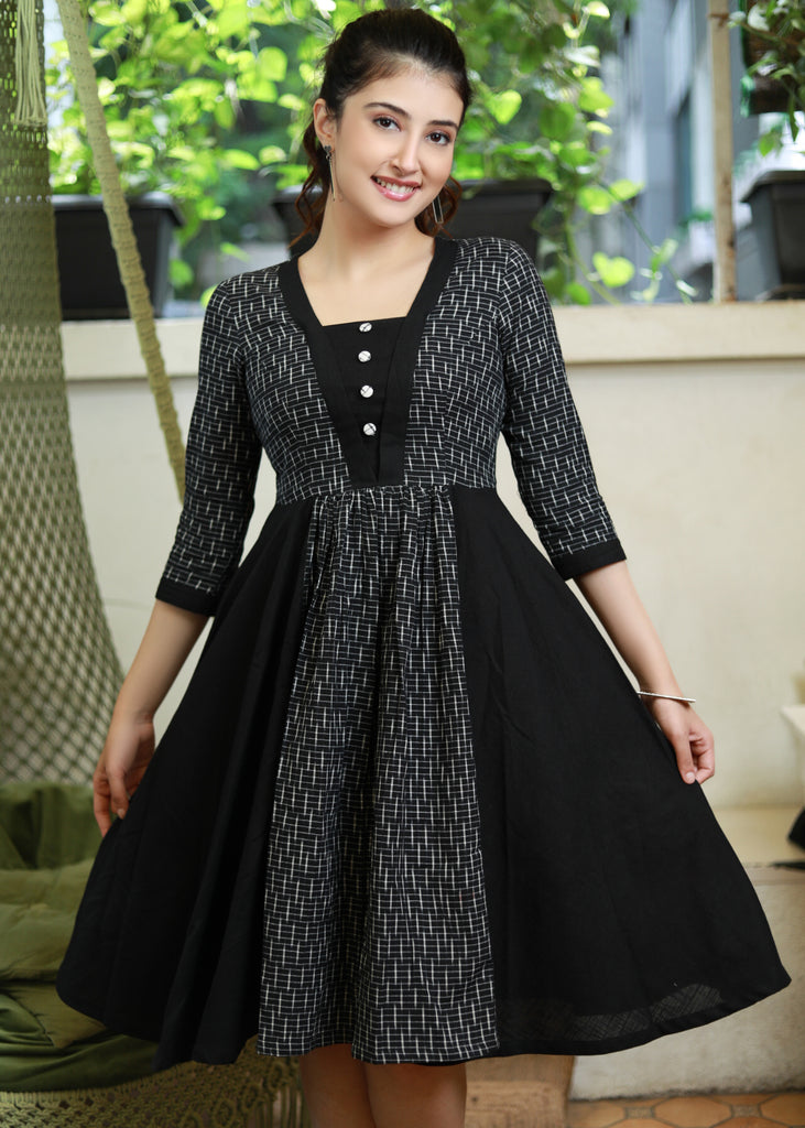 Subtle Black Ikat A-Line Dress with Side Plain Panels – Sujatra