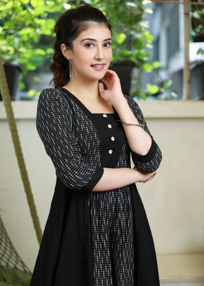 Subtle Black Ikat A-Line Dress with Side Plain Panels