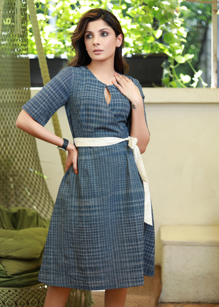 Stylish Cotton Blue Checkered Dress with Matching Off-White Belt