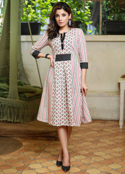 Basic Off-White Print Mix and Match Dress with Black Detailing