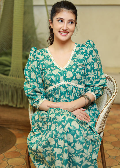 Elegant Turquoise Cotton Floral Gathered Dress Highlighted with Ivory Mirror Lace