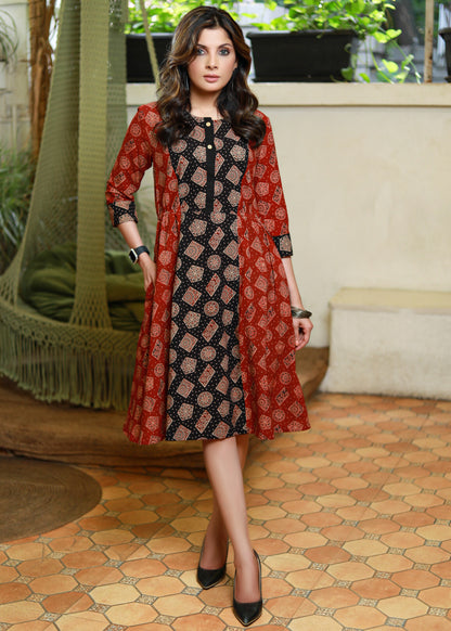 Trendy Black and Maroon Ajrakh Mix Match Dress